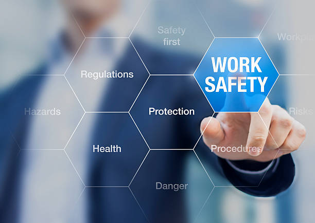 Businessman presenting work safety concept, hazards, protections, health and regulations Businessman presenting work safety concept, hazards, protections, health and regulations medical alarm stock pictures, royalty-free photos & images