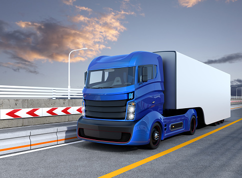 Blue autonomous hybrid truck driving on highway. 3D rendering image.