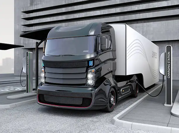 Hybrid electric truck being charging at charging station. 3D rendering image.