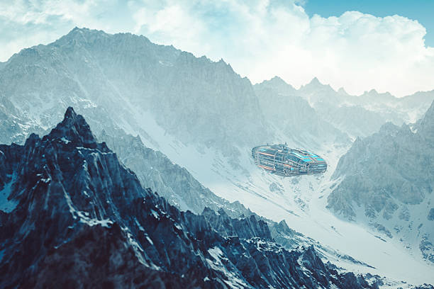 istock Colonization mothership flying low between alien mountain peaks 517005786