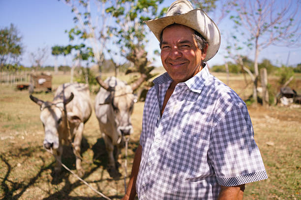 Farming and cultivations in Latin America. Portrait of middle aged hispanic farmer sitting proud in his tractor at sunset, holding the volante. He looks at the camera and smiles happy.