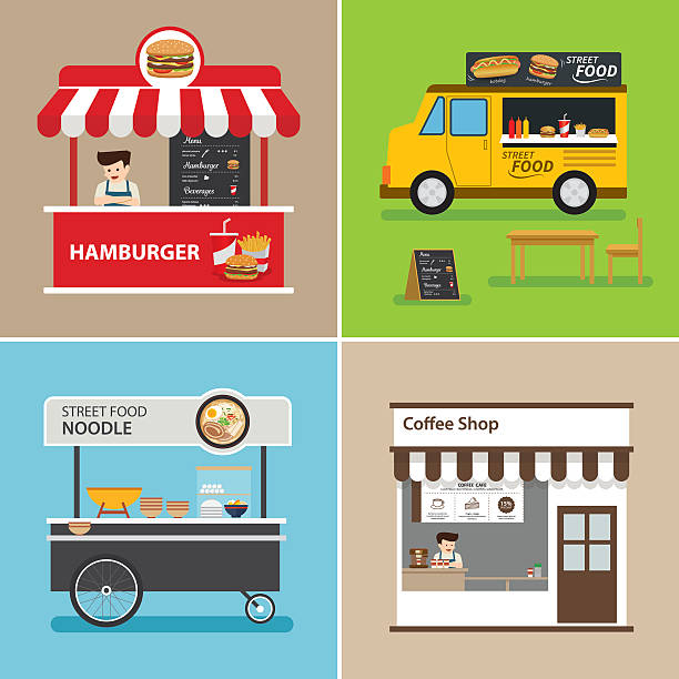 street food shop flat-design - hamburger schnellgericht stock-grafiken, -clipart, -cartoons und -symbole