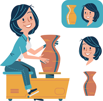 Woman making a clay vase on a pottery wheel