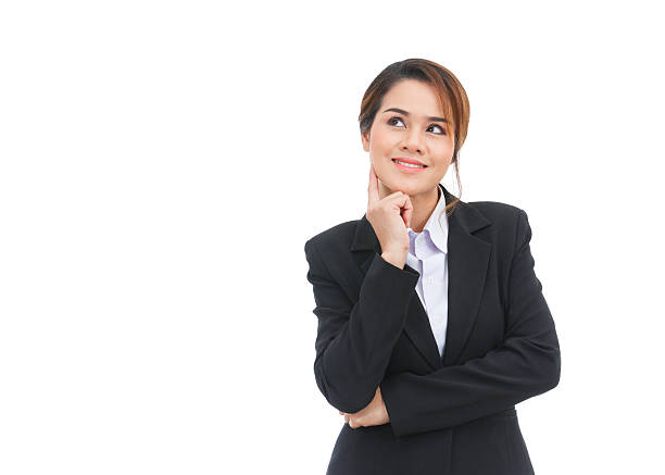 Asian business woman thinking isolated on white background