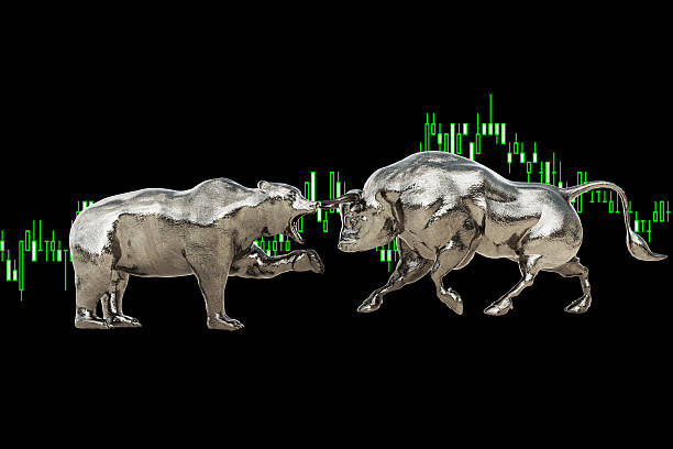 istock bear and bull fighting, stock exchange concept 517017722