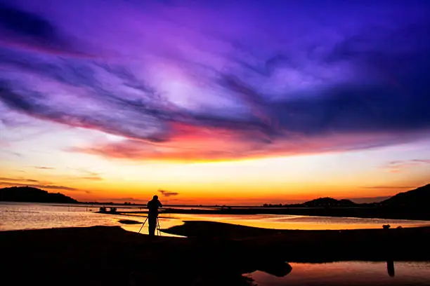 Abstract blurred background : man take a photo of sunset.
