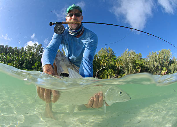 proud fisherman mit damenfisch - catch of fish fotos stock-fotos und bilder