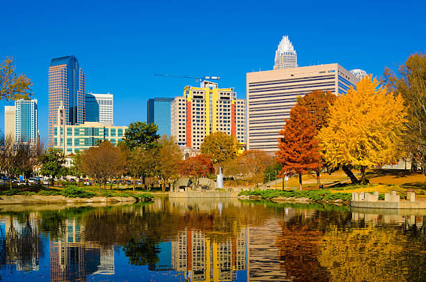 istock Charlotte skyline, park, lake, and autumn trees 517041145