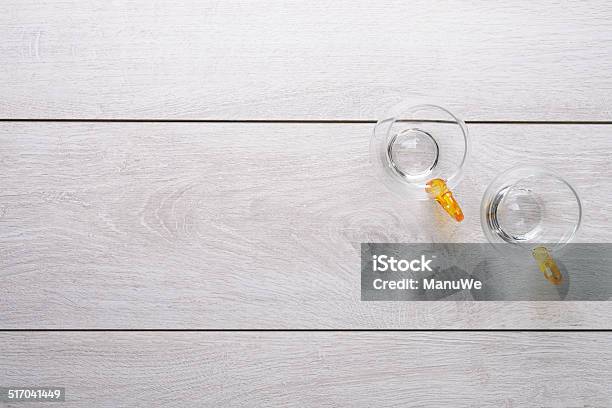 Wooden Board And Empty Glasses Stock Photo - Download Image Now - Copy Space, Directly Above, Drinking Glass