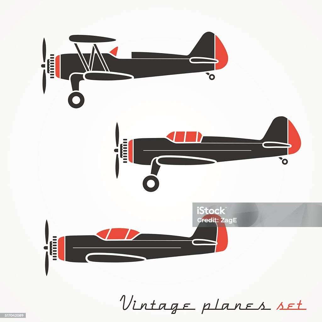 Vintage planes set Set of three retro planes; gray silhouettes on white background Airplane stock vector