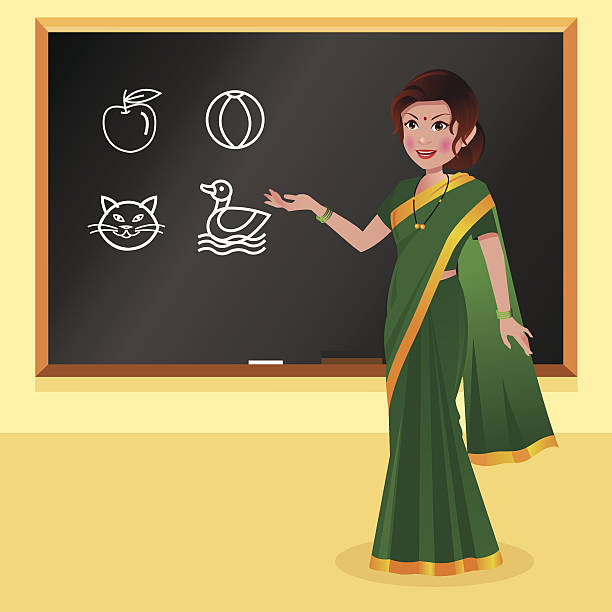 Indian Preschool Teacher In Front Of Blackboard Stock Illustration -  Download Image Now - Teacher, India, Culture of India - iStock