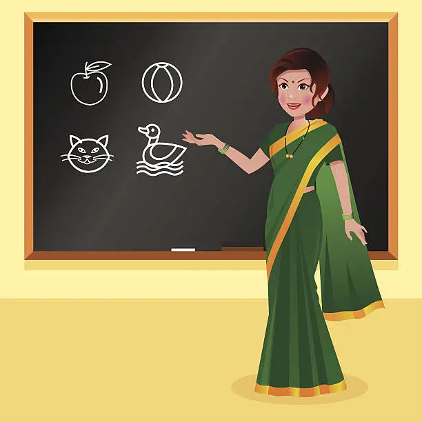 Vector illustration of Indian preschool teacher in front of blackboard