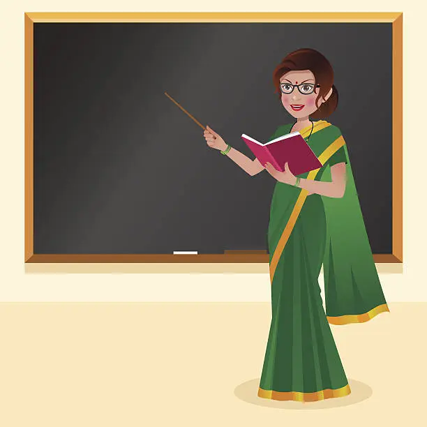 Vector illustration of Indian teacher with reading glasses in front of blackboard
