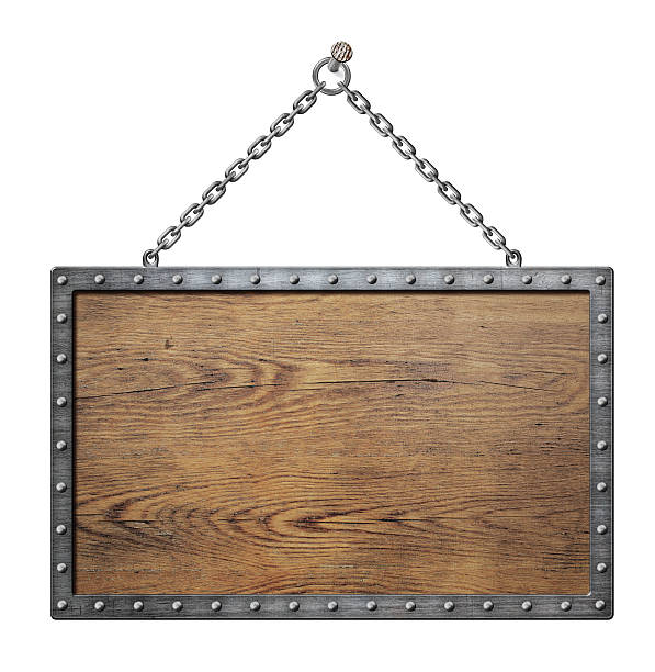istock wooden medieval shield or sign with metal frame 517043958
