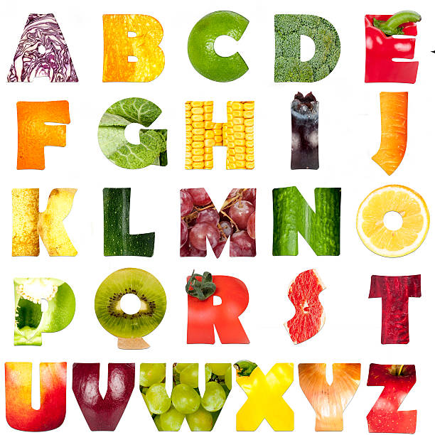 fruits et légumes-lettre - alphabet vegetable food text photos et images de collection