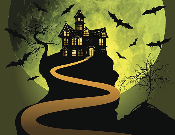 illustrations, cliparts, dessins animés et icônes de maison hantée fond de halloween avec la lune et les chauves-souris - haunted house illustrations