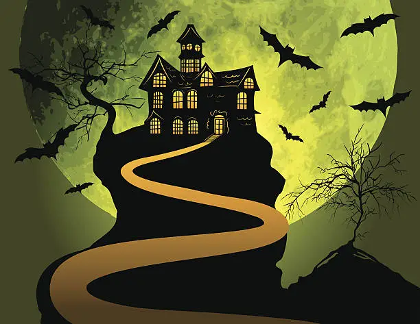 Vector illustration of Halloween Haunted House Background With Moon and Bats