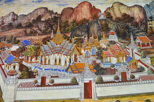 Visual art in wall at Wat Pra Keaw temple in Thailand