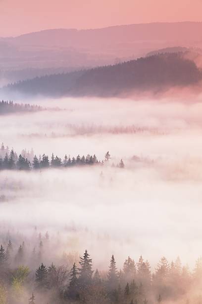 istock Dreamy pink sunrise in mountain with view into misty valley 517048502