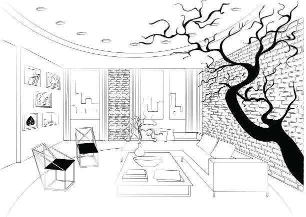 ilustrações, clipart, desenhos animados e ícones de interior da sala de estar com madeira, rascunho - woods wallpaper pattern indoors ideas