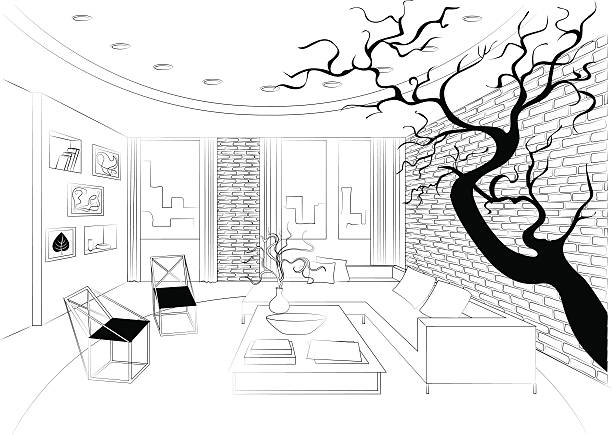 интерьер гостиной с деревянным, эскиз - woods wallpaper pattern indoors ideas stock illustrations