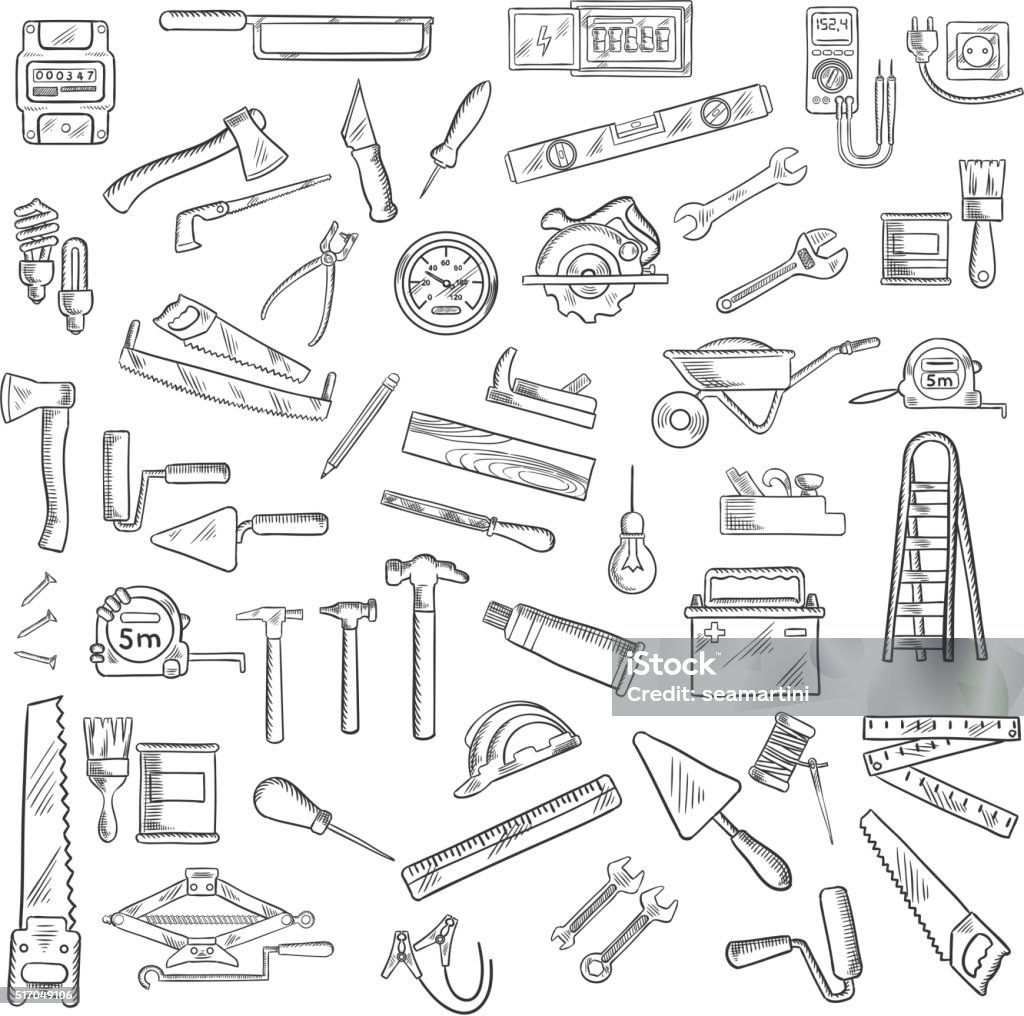 Construction tools and equipment objects Tools icons with wrench and hammer, axe and saw, brushes and rollers, ruler and light bulbs, wheelbarrow and jack plane, trowel and rasp, knives and awls, nails and battery, ladder and tape measures Work Tool stock vector
