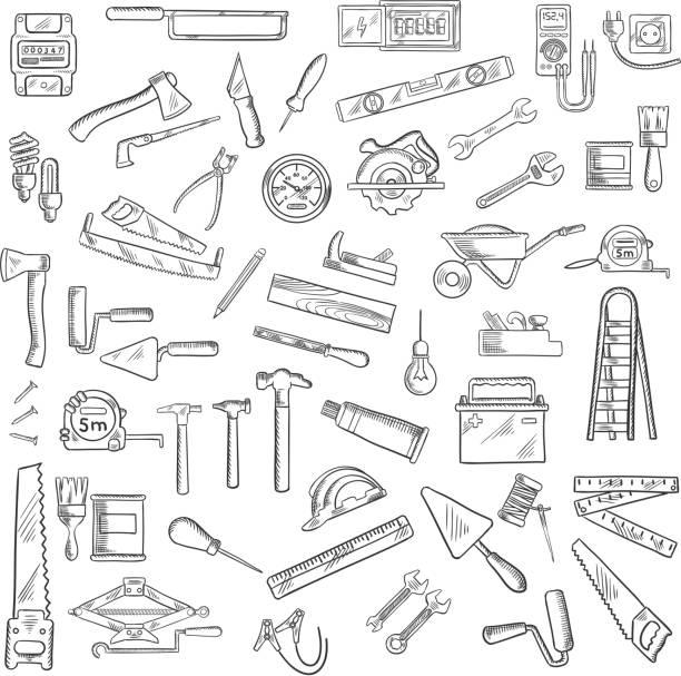 Construction tools and equipment objects Tools icons with wrench and hammer, axe and saw, brushes and rollers, ruler and light bulbs, wheelbarrow and jack plane, trowel and rasp, knives and awls, nails and battery, ladder and tape measures drawing of hand tool stock illustrations