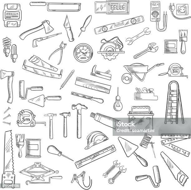 Construction Tools And Equipment Objects Stock Illustration - Download Image Now - Work Tool, Gardening Equipment, Drawing - Art Product