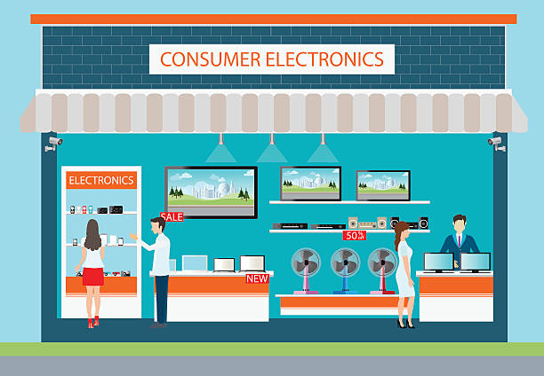 People in consumer electronics store. People in consumer electronics store, Electronics store interior and exterior building, laptops, mobile phones, television, Computers, pocket wifi, camera and fan on shelf ,vector illustration. home recording studio setup stock illustrations