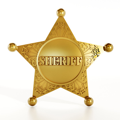 Gold sheriff star isolated on white reflective background.