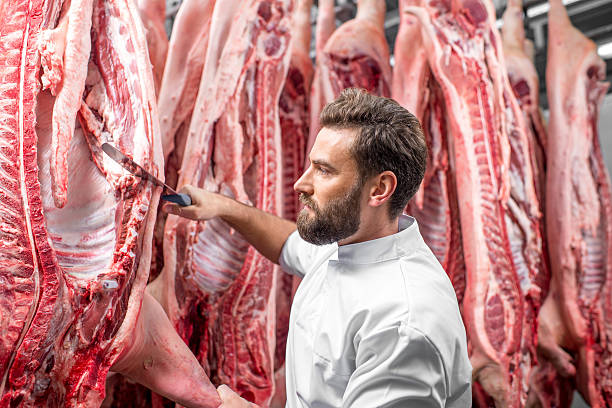 istock Butcher cutting pork at the manufacturing 517055368