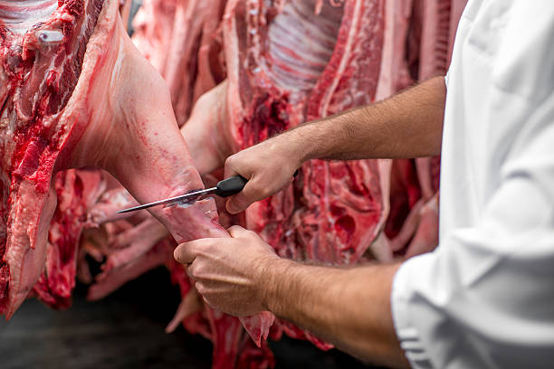 istock Butcher cutting pork at the manufacturing 517056000