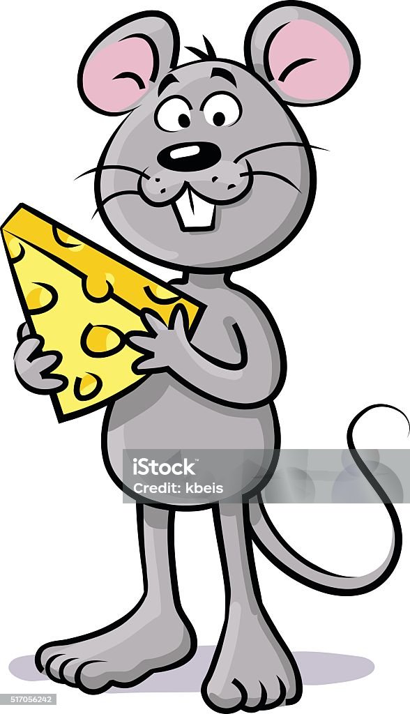 Mouse With Cheese Vector illustration of a cute gray mouse holding a peace of cheese, smiling at the camera, isolated on white.  Mouse - Animal stock vector