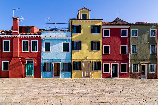 View of Colorful Traditional Buildings in Burano, Venice stock photo