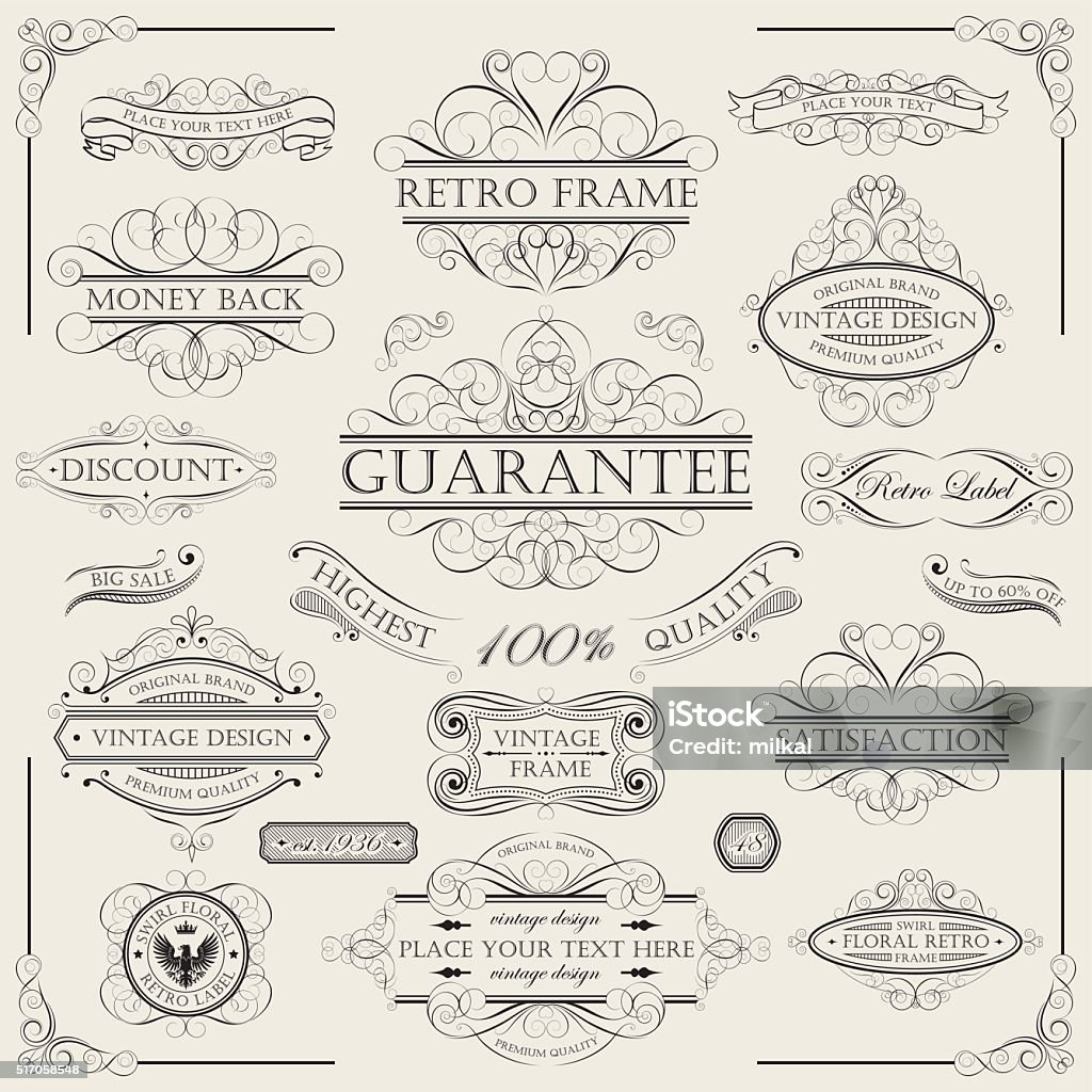 Set of a swirl vintage frames Collection of frames on different design and sizes, decorated with swirl floral ornaments and ribbons. File contain EPS8 and large JPEG. Border - Frame stock vector