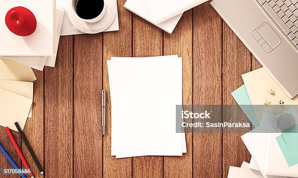 Working Space Wooden Desk With Supplies 3d Rendered Stock Photo - Download Image Now