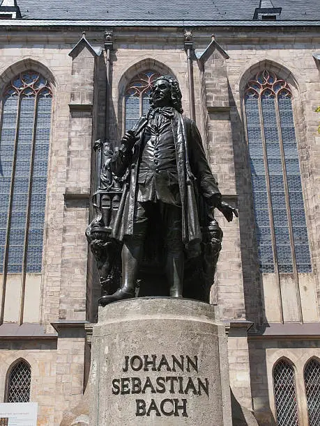 The Neues Bach Denkmal meaning new Bach monument stands since 1908 in front of the St Thomas Kirche church where Johann Sebastian Bach is buried in Leipzig Germany
