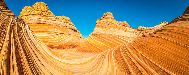 The Wave iconic sandstone swirls eroded golden curves Arizona panorama The vibrant swirling strata and iconic curving canyons of The Wave, the landmark rock formation deep in the Vermillion Cliffs wilderness of Arizona and Utah, Southwest USA. ProPhoto RGB profile for maximum color fidelity and gamut. the wave arizona stock pictures, royalty-free photos & images
