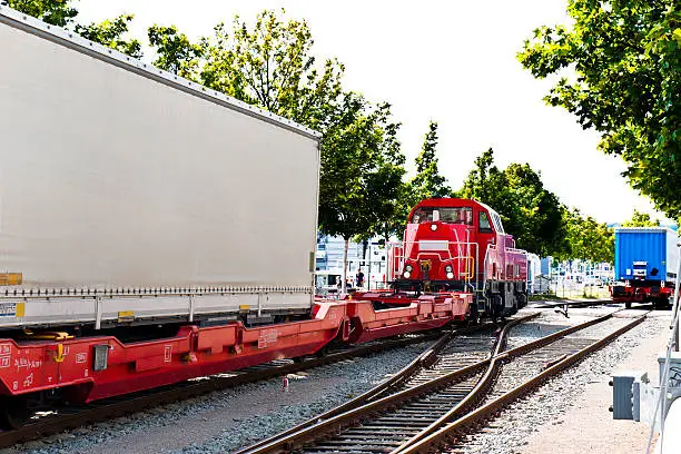 Diesel Shunting locomotive pulling container wagon. Copy space on container.