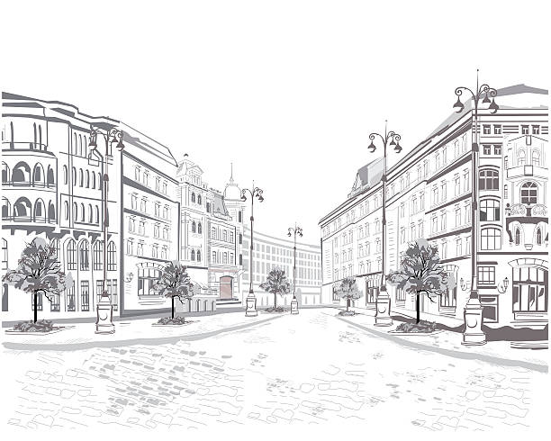 illustrations, cliparts, dessins animés et icônes de série de vue sur la rue dans la vieille ville. - london england skyline silhouette built structure