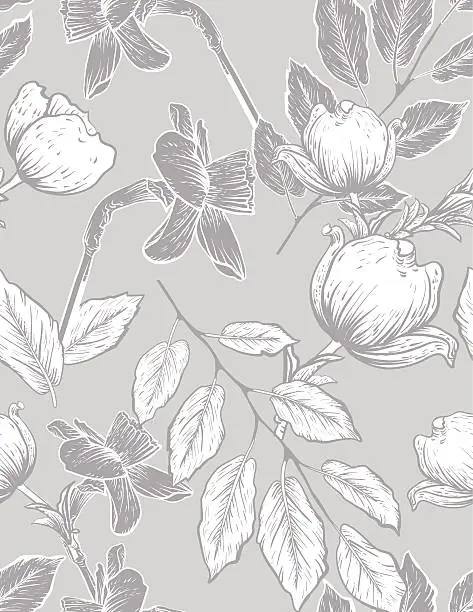 Vector illustration of Seamless Botanical Floral Pattern Dogwood and Daffodils