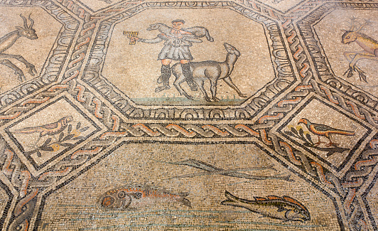 Close-up on the ancient floor mosaic in the Basilica of Aquileia, Italy