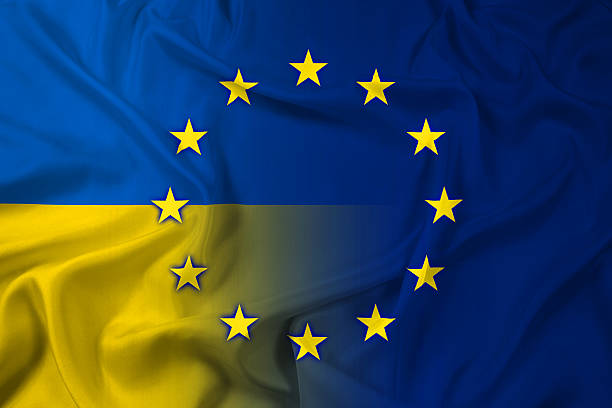 Waving Ukraine and European Union Flag Waving Ukraine and European Union Flag donetsk photos stock pictures, royalty-free photos & images