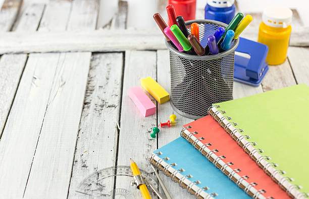 istock Stationery background  on white wood 517079738