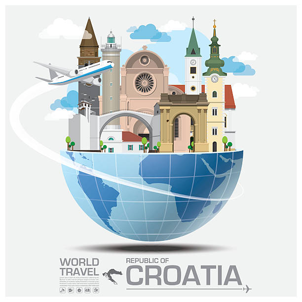 illustrazioni stock, clip art, cartoni animati e icone di tendenza di simbolo della repubblica croata e viaggi globali di viaggio infografica - croazia