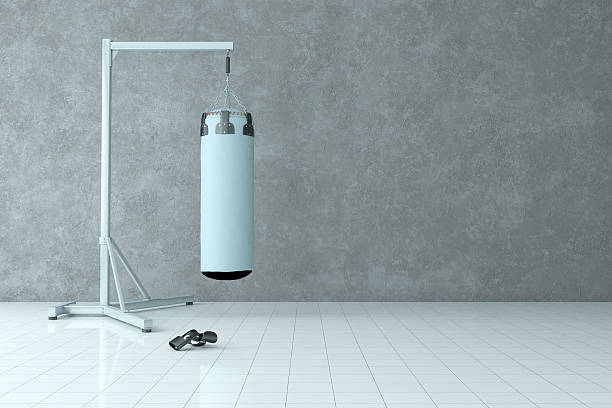 Interior Scene With Punch Bag and Textured Wall Background A fitness studio/room with a punch bag and a concrete-textured wall background. Copyspace on wall. boxing gym stock pictures, royalty-free photos & images