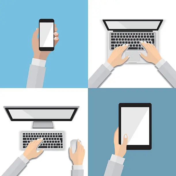 Vector illustration of Set of flat hand icons with various communication devices