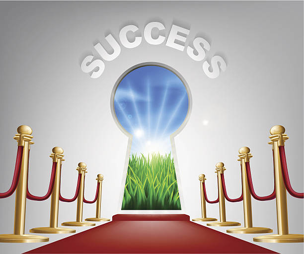 Success conceptual illustration Success Door Keyhole. Concept of a keyhole with a new dawn over verdant landscape and red carpet and ropes leading up to it. victoria beckham stock illustrations