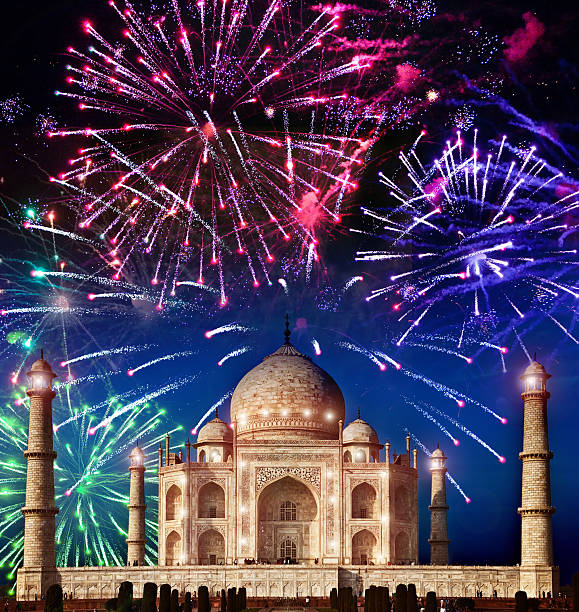 Festive fireworks over Taj Mahal, India stock photo