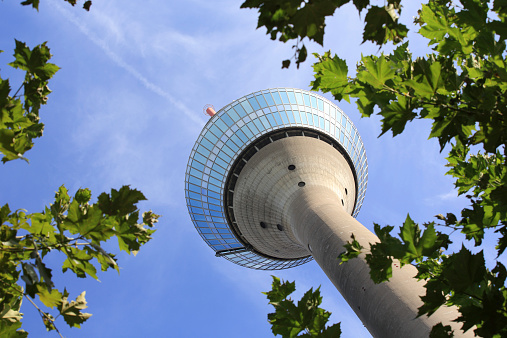 Dusseldorf rhine tower framed by trees